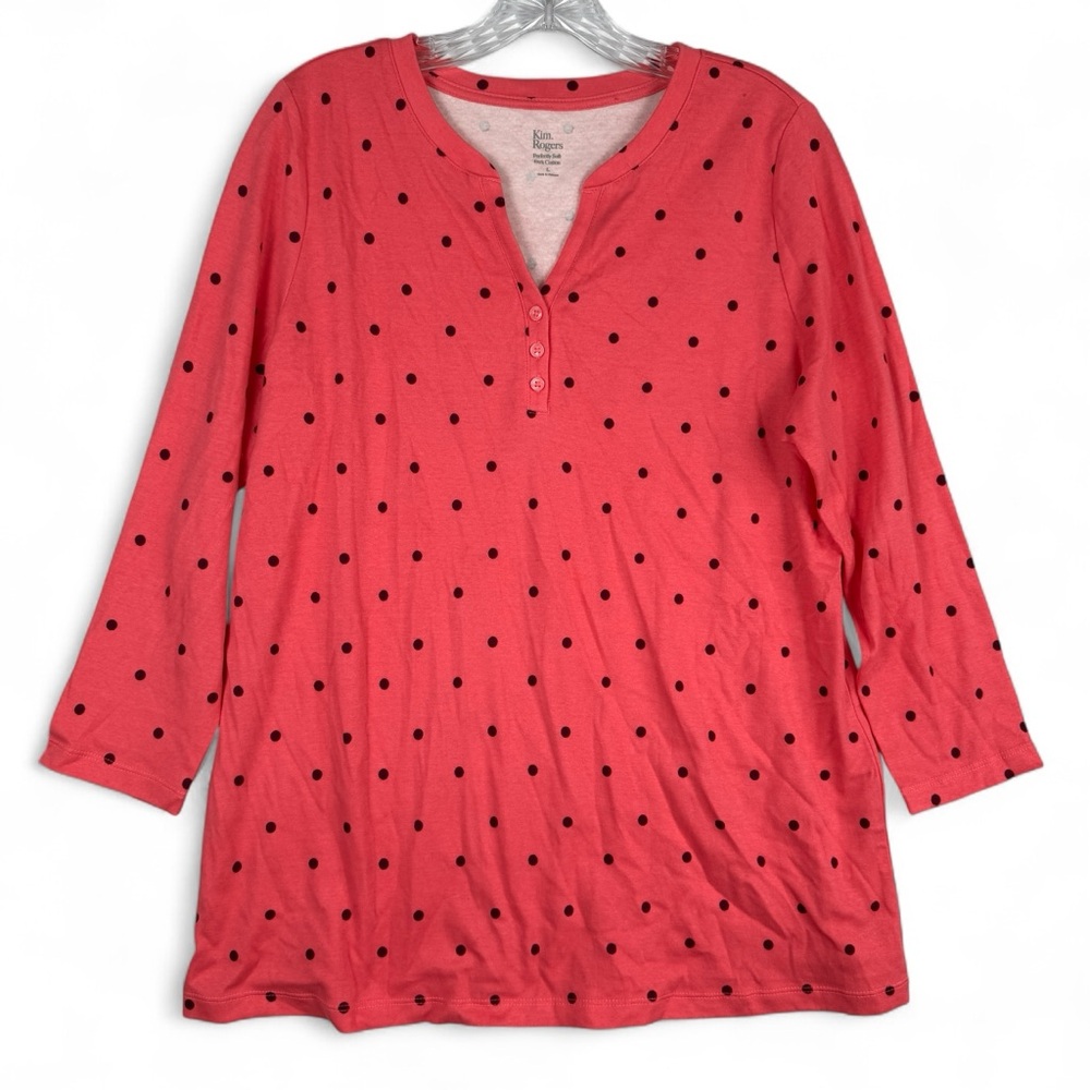 Kim Rogers Top Womens L Perfectly Soft Pink Plum Purple Polka Dot Cotton Stretch